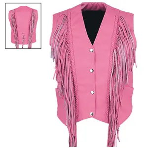 Gilet HMB-3211A da donna in pelle rosa con frange alla moda gilet da motociclista abbigliamento da motociclista