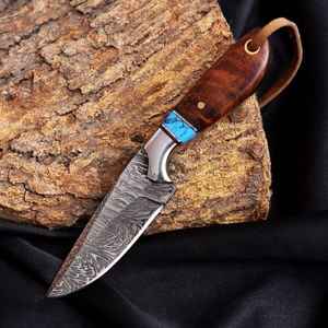Cuchillo de Caza Premium Hecho a Mano, Hoja Fija de Acero de Damasco, Mango de Madera, para Supervivencia al Aire Libre y Camping, con Funda de Cuero - Product Image 4