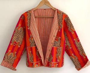 Hermosa Chaqueta corta acolchada Reversible hecha a mano para mujer 100% algodón nuevo estilo naranja Tigre estampado Casual invierno prendas de vestir exteriores - Product Image 6