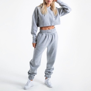 New Design Women Cotton Drawstring Hem Grey Sports Crop Top Hoodie Drop Shoulder <b>Workout</b> Training Gym Cropped <b>Hoodies</b> - Product Image 5