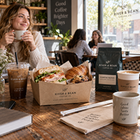 AT PACK Fournitures personnalisées pour cafés avec des sachets de café de 250 g, des gobelets en papier de 8 oz et 12 oz, des gobelets en PET de 16 oz et des emballages alimentaires