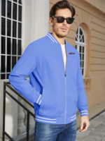 Blouson Bomber Homme Bleu Fin en Toile Longue Hiver Couleur Unie Fermeture Éclair Col Montant Coupe-Vent Décontracté Extérieur Brodé