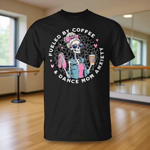 T-shirt Promozionale con Scheletro Ansioso 'Coffee-Fueled & Dance Mom' - Product Image 3