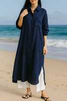 Robe chemise ample noire en coton/lin pour femme, col en V, unie, respirante, anti-plis, à manches longues boutonnées, écoresponsable