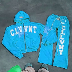 Manufacturers Custom Embroidered Acid Wash Tracksuit Set Vintage Oversized 100% Cotton Flare Sweatpants And <b>Hoodie</b> Set - Product Image 6