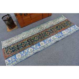 Alfombra Turca de 2.2x5.9 pies, Alfombra Marroquí Vintage de Lana, Diseño de Patchwork Ecológico con Respaldo de Látex, Alfombra Tradicional Azul - Product Image 2