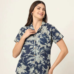 Ensemble de pyjama décontracté en coton pour femmes, imprimé à la main, floral, léger, manches courtes, vêtements de nuit doux, séchage rapide, respirant - Product Image 1