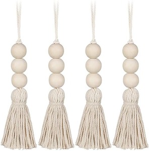 Adornos de borlas de cuentas de madera, decoración boho, cuerda de algodón natural hecha a mano, encanto rústico, estilo de granja, guirnalda colgante de pared, vacaciones - Product Image 1