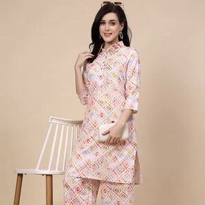 Geometric Printed Shirt Collar Regular Kurta with <b>Trousers</b> Indian Handmade Polyester Plazo Kurti Set Women Fashion Clothing - Product Image 1