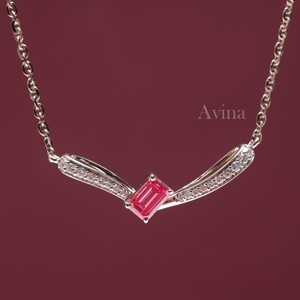 IGI Certified Lab Grown Diamond Emerald Cut Pink <b>Ruby</b> <b>Necklace</b> in 18K White Gold Minimalist V Shape Designer Pendant <b>Necklace</b> - Product Image 1