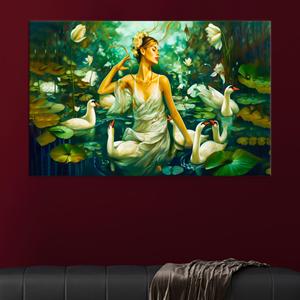 Art mural « Déesse du Lac des Cygnes » : Toile imprimée sur le thème de la fantaisie avec des cygnes mythiques, TOILE ENVELOPPEE - Product Image 1
