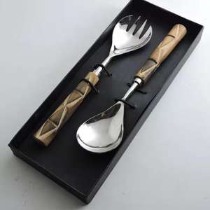 Cuillère et fourchette coréennes personnalisées en acier inoxydable Design en bambou Poignée en céramique grise Couverts à salade décoratifs en métal - Product Image 4