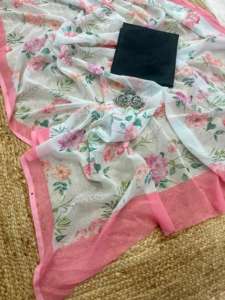 Sarees en soie douce Georgette pour femmes traditionnelles avec pièce de chemisier imprimé et matériel de robe en coton à grande bordure épaisse - Product Image 4