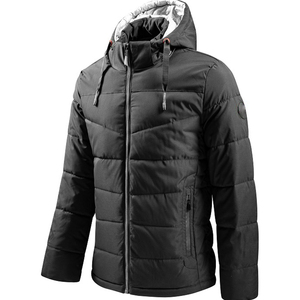 Chaqueta acolchada de bombardero de calle para hombre con logotipo personalizado OEM, abrigo de invierno con capucha de lona, patrón sólido, cierre de cremallera, posición frontal del logotipo - Product Image 6