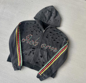 เสื้อมีฮู้ดของผู้ชายผ้าฝ้าย100% 500 GSM กรดซักซิปปักพลอยเทียมออกแบบลายดวงอาทิตย์จางหายไปสไตล์เรียบๆย้อมสี - Product Image 1