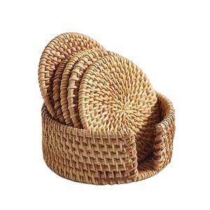 Sous-verres en rotin de style indien artisanal avec support ensemble de sous-verres à thé accessoires de cuisine sous-verres en osier Jute avec support - Product Image 1