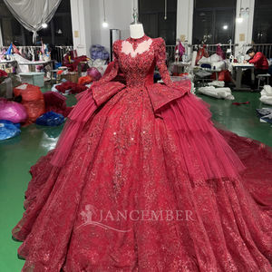 Vestidos de fiesta Jancember XS257 musulmanes de cuello alto, rojos, con lentejuelas y volantes, para la noche. - Product Image 2