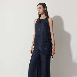 Chemise sans manches en lin de luxe pour femmes longueur régulière Style doux motif solide décoration en pierre - Product Image 3