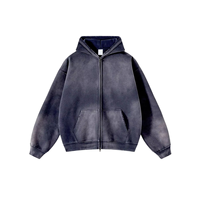 Sudadera con capucha corta de algodón de doble capa de alta calidad para invierno, de peso pesado, estilo boxy, con cremallera completa, para hombre, de felpa francesa, con lavado ácido.
