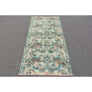 Alfombra de lana verde y beige Vintage de 3,1x6,2 pies, alfombra turca de área grande hecha a mano, retales rectangulares de látex para decoración de habitación de pasillo - Product Image 1