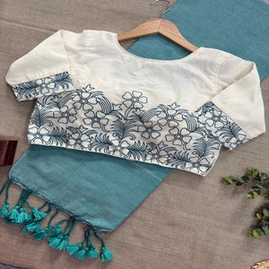 Sari de Algodón Khadi VASTRA COTTAGE con Blusa Acolchada de Algodón Aura con Bordado Intenso, Forro de Algodón Puro, Talla Ajustable, Ropa Étnica - Product Image 1