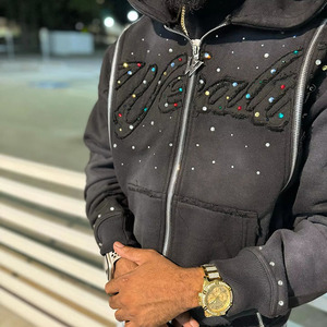 Personalizado Vintage Invierno Lavado con ácido Totalmente Rhinestone Cremallera Sudaderas Peso pesado 100% Algodón Oversized Drop Shoulder Hoodie para los hombres - Product Image 2