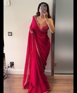 Sari en coton multicolore avec travail banarasi nuptial et chemisier en filet lavable pour mariage indien, soirée de gala et tenue de festival - Product Image 2