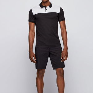 Men's Color Blocking <b>Polo</b> Shirt Set Casual Knitted Summer Wear Black <b>White</b> Short Sleeve Top With Matching Shorts - Product Image 4