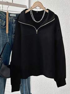 Sweat-shirt à capuche en tricot jacquard délavé à l'acide pour femmes noires, en molleton de coton, respirant, anti-froissement, streetwear d'automne - Product Image 5