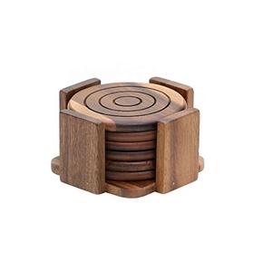 Sous-verre décoratif rond en bois MDF laser noyer bois foncé 6 pièces sous-verre ensemble support inclus décor à la maison sous-verre en bois - Product Image 1