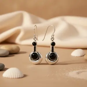 Boucles d'oreilles pendantes en argent 925 avec onyx noir pour femmes, style religieux, cadeau religieux, bijoux - Product Image 3