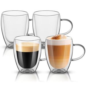Set 4 <b>Double</b>-<b>Walled</b> Insulated Borosilicate Glass Coffee Glasses Handles 350ml Capacity Microwave Dishwasher Safe for Latte - Product Image 1