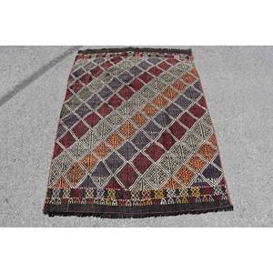 Traditional Red Orange Geometric Wool <b>Rug</b> 3.9 X 5.4 ft <b>Boho</b> for Living Room Hallway Patchwork Design Latex Rectangle Jute Carpet - Product Image 1