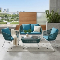 Blaues Langlebiges Outdoor-Gartenmöbel-Set Weißer Metallrahmen Geflochtenes Rattan-Sofa Sessel Glas-Couchtisch Wohnzimmer Terrasse