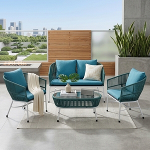Blue Durable <b>Outdoor</b> Garden Furniture Set White Metal Frame Weaving <b>Rattan</b> <b>Sofa</b> Armchairs Glass Coffee Table Living Room Patio - Product Image 4