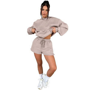 Cross Border Autumn Winter Solid Color <b>Long</b> Sleeved Hooded Knitting <b>Women's</b> Two-piece Set <b>Shorts</b> 100% Cotton Breathable - Product Image 2