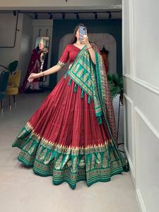 Tenue tendance de créateur haute sur demande Tussar Silk Lehenga Choli & Dupatta avec impression avec feuille d'impression fournisseur de travail de l'Inde - Product Image 6