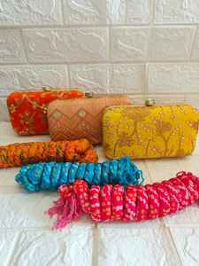 Indian Wedding Return Gift Combo Embroidered <b>Clutch</b> Purse & Pure Silk Bandhani Dupatta <b>Bridesmaid</b> Gift Party Favor Ethnic Set - Product Image 3