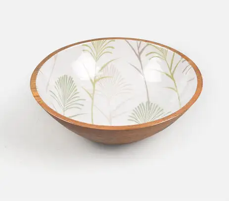 Lacquered & Turned Wooden Serving Bowl With Plant Design Manufacturer Wholesaler