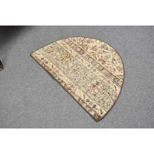 Vintage Rug, Round 2.5x1.5 ft Turkish Rug, <b>Brown</b> Green Polka dot <b>Wool</b> Rug - Product Image 2