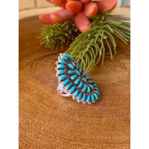 Mike Dishta Handmade Boho <b>Statement</b> <b>Ring</b> Zuni Turquoise & Sterling <b>Silver</b> Cluster Marquise Shape Size 5.5 Everyday Wear - Product Image 3