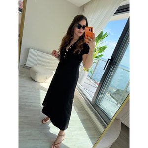 Robe longue en modal à manches courtes pour femme avec détails boutonnés sur les deux côtés, 37293 - Noir - Product Image 2