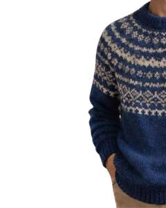 Suéter de Punto Vintage Estilo Fair Isle, Azul Marino y Blanco, Cuello Redondo, Abrigado para Invierno, Proveedor Mayorista OEM para Hombre - Product Image 2