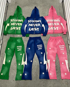 Ensemble de survêtements pour hommes personnalisés lavés à l'acide Pantalon de survêtement évasé avec patch vieilli et sweat à capuche imprimé et fermeture éclair vêtements d'hiver - Product Image 4