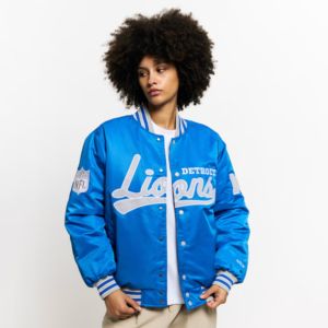 Chaqueta universitaria de béisbol estilo Letterman personalizada para hombre, negra, de los Detroit Lions, de la serie Starter, de satén, con cierre completo a presión, estilo vestuario. - Product Image 6
