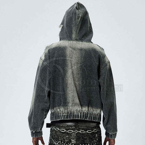 เสื้อฮู้ดดี้ฟอกสีคุณภาพสูงสำหรับผู้ชาย สไตล์วินเทจขาดๆ แบบสตรีทแวร์ ผ้าฝ้าย - Product Image 4