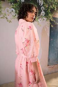 เดรสแม็กซี่แขนสามส่วนสำหรับฤดูใบไม้ร่วงฤดูร้อนผ้าฝ้ายพิมพ์ลายดอกไม้ทำด้วยมือดีไซน์สีทึบแบบหวานเป็นธรรมชาติ - Product Image 3