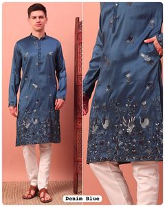 Kurta/Payjama pour homme en soie brodée et ornée de paillettes, séchage rapide, formel, pour les fêtes indiennes et pakistanaises, mariage, toutes saisons - Product Image 5