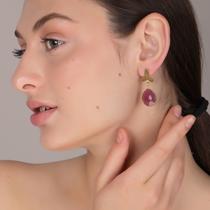 Handmade Dua Pink <b>Jade</b> Flower Pear Drop Earrings 18K Gold Plated Brass Trendy Elegant Natural Gemstone Women's Wedding <b>Jewelry</b> - Product Image 5