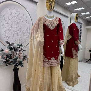 Conjunto de Traje Sharara con Dupatta, Satén de Alta Calidad con Bordado, Lentejuelas y Cuentas, Estilo Vintage, Holgado, Natural, Largo hasta la Rodilla, para Verano - Product Image 1